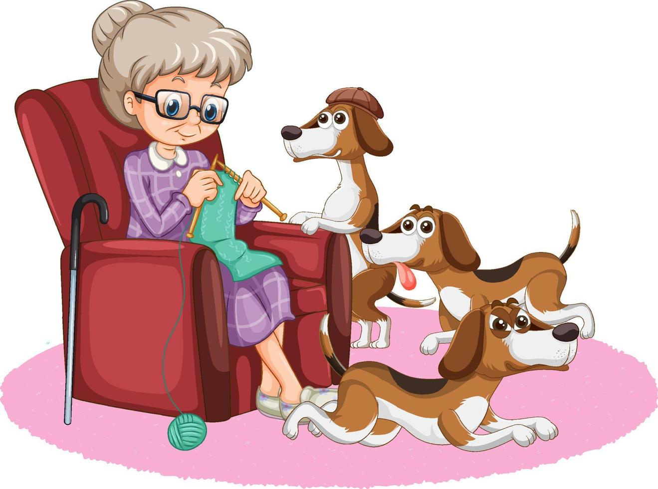 abuelita tejiendo y perros beagle vector