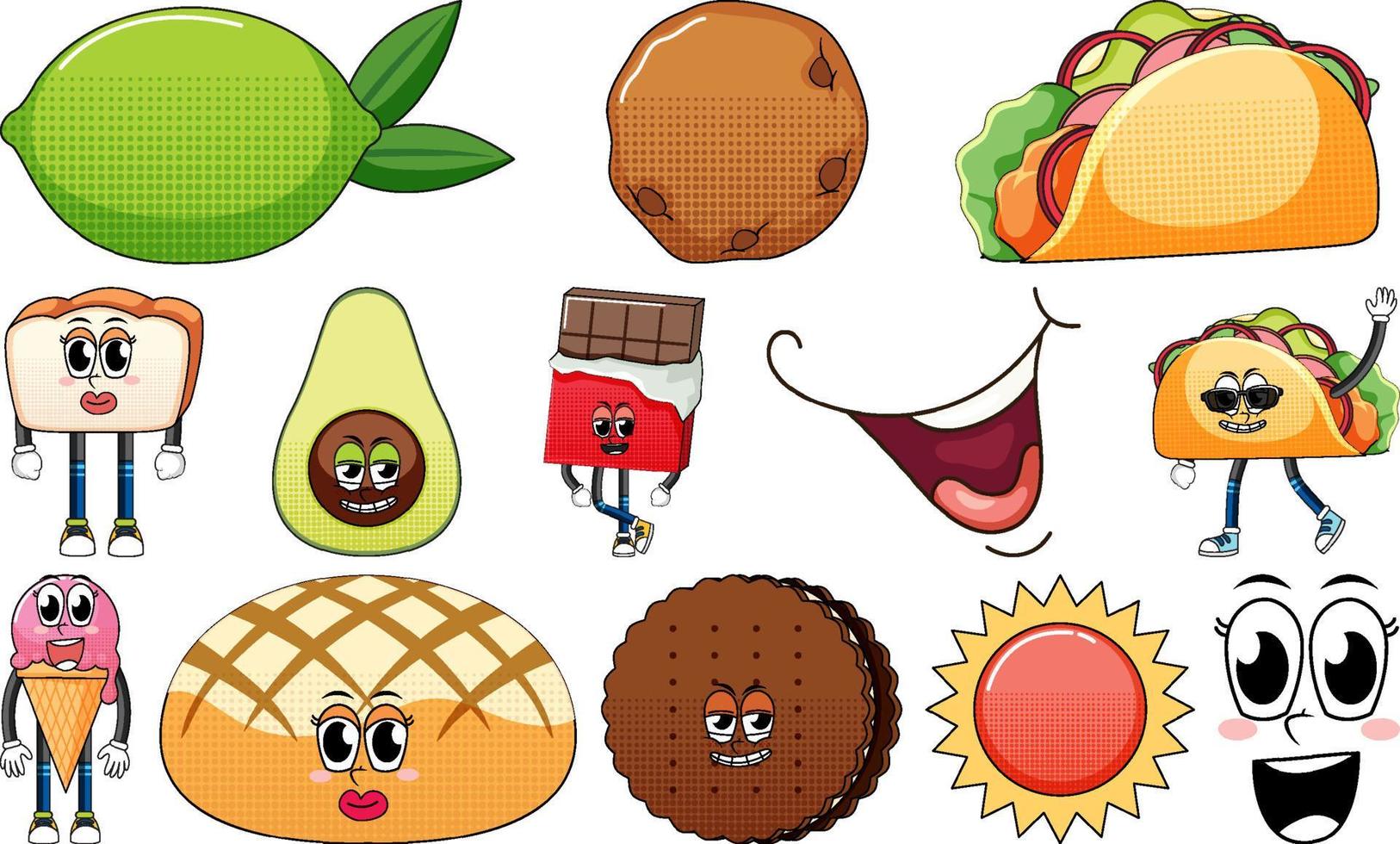 Set of facial expression with vintage style food cartoon on white background vector