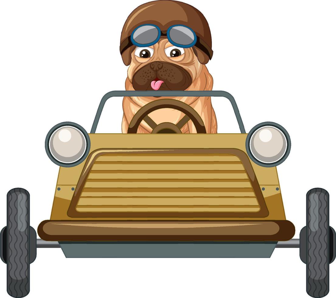 una caricatura de juguete de coche de conducción de perro pug vector