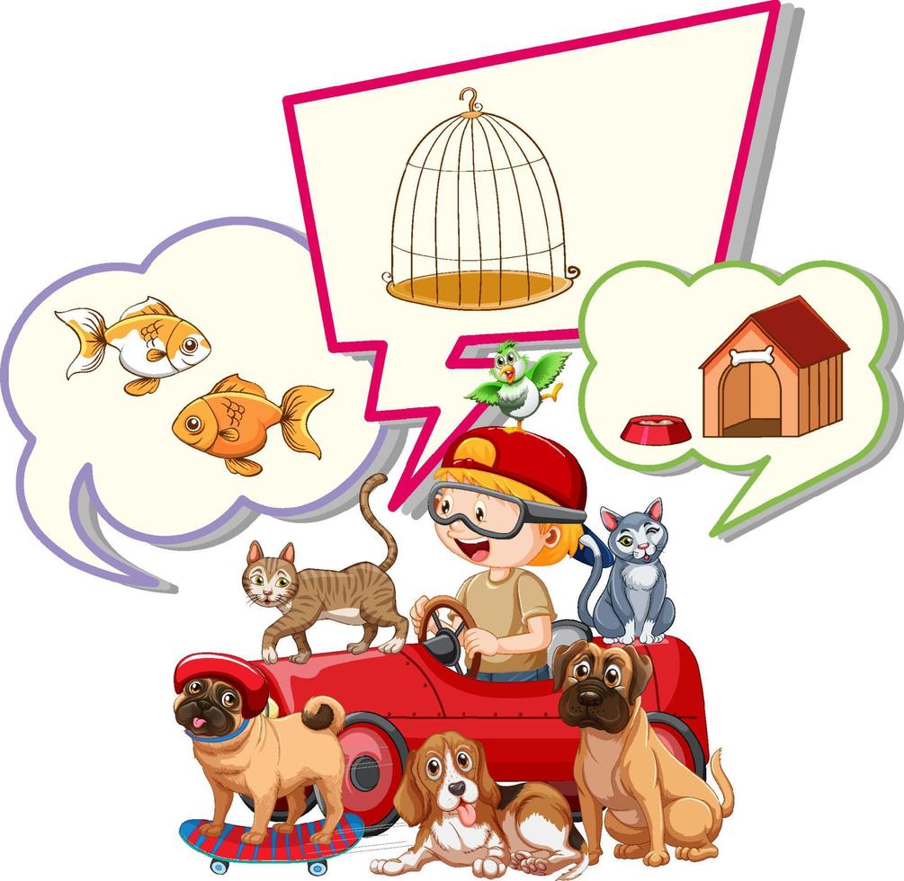 Little boy thinking of putting pets in houses vector