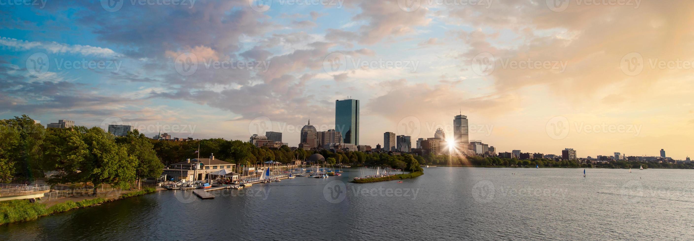 Panoramic view of Boston downtown and historic center from the landmark Longfellow bridge over Charles River photo