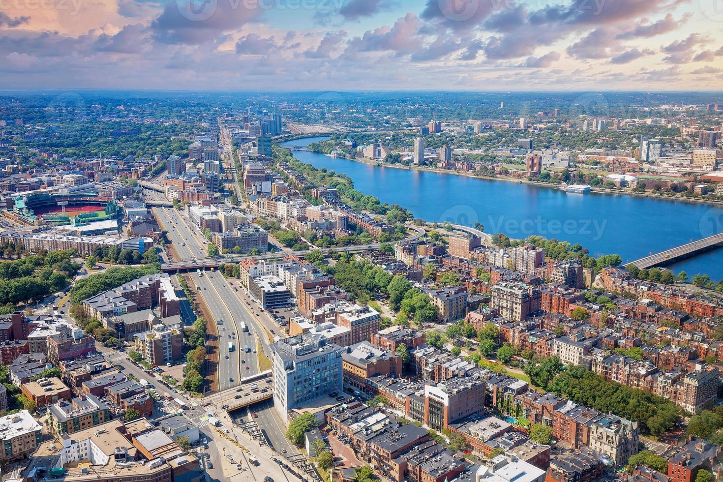Panoramic aerial view of Boston financial district, historic center, Beacon Hill and Charles River photo