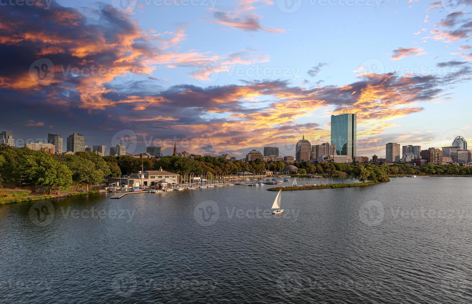 Panoramic view of Boston downtown and historic center from the landmark Longfellow bridge over Charles River photo