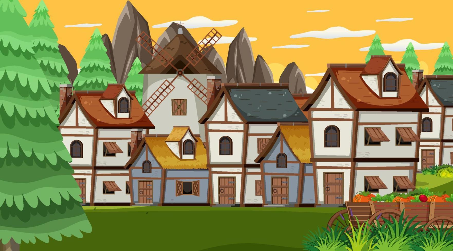 escena de la ciudad medieval con puesta de sol vector