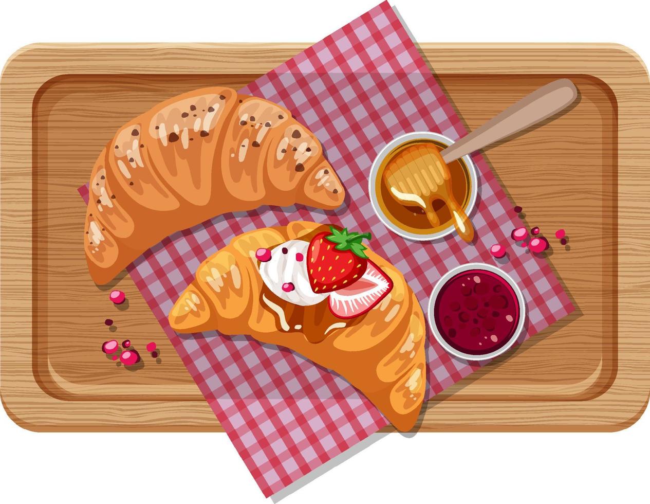 Top view of breakfast on a wooden tray vector