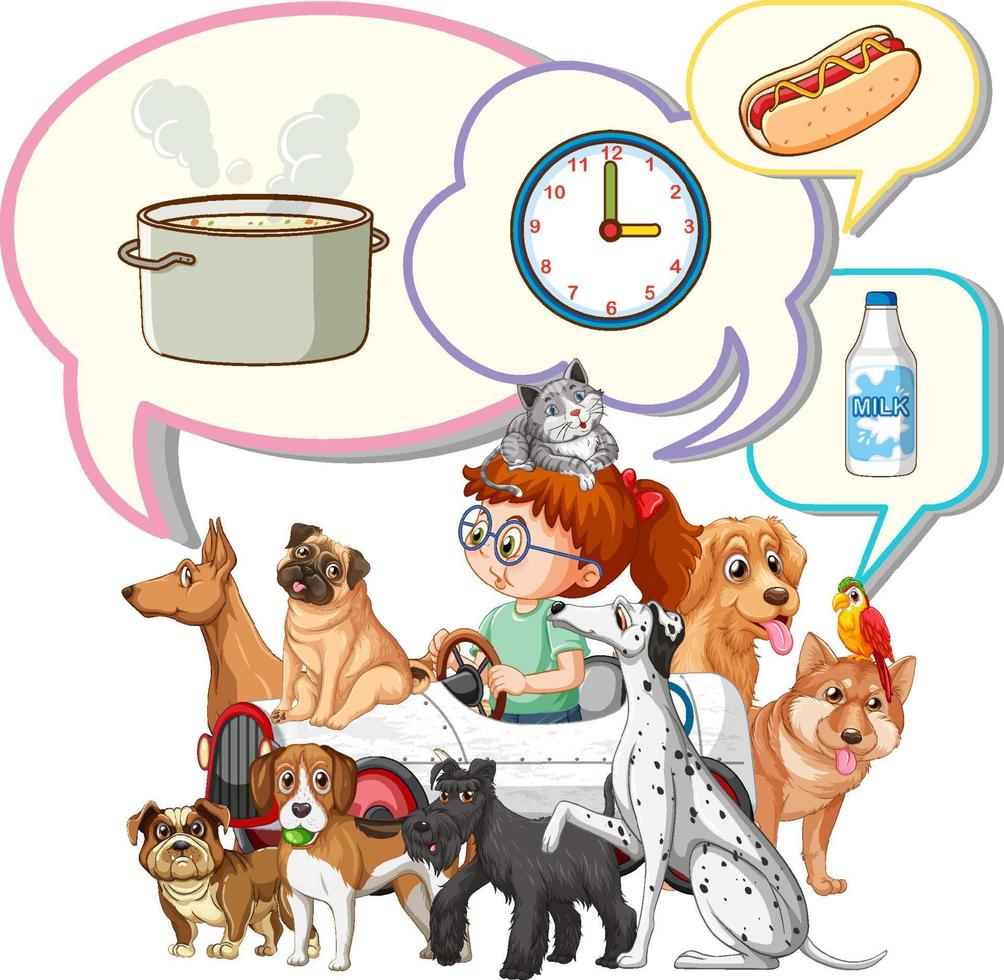 Speech bubble with girl and pets vector