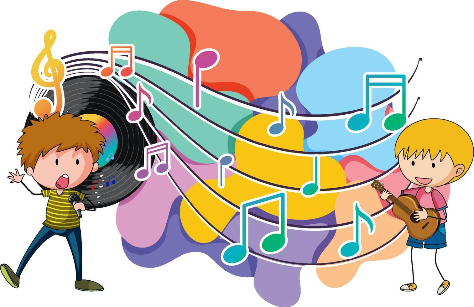 Happy children playing guitar and sing with music notes on white background vector