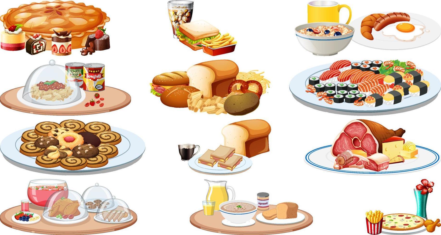 Set of different foods and beverages vector