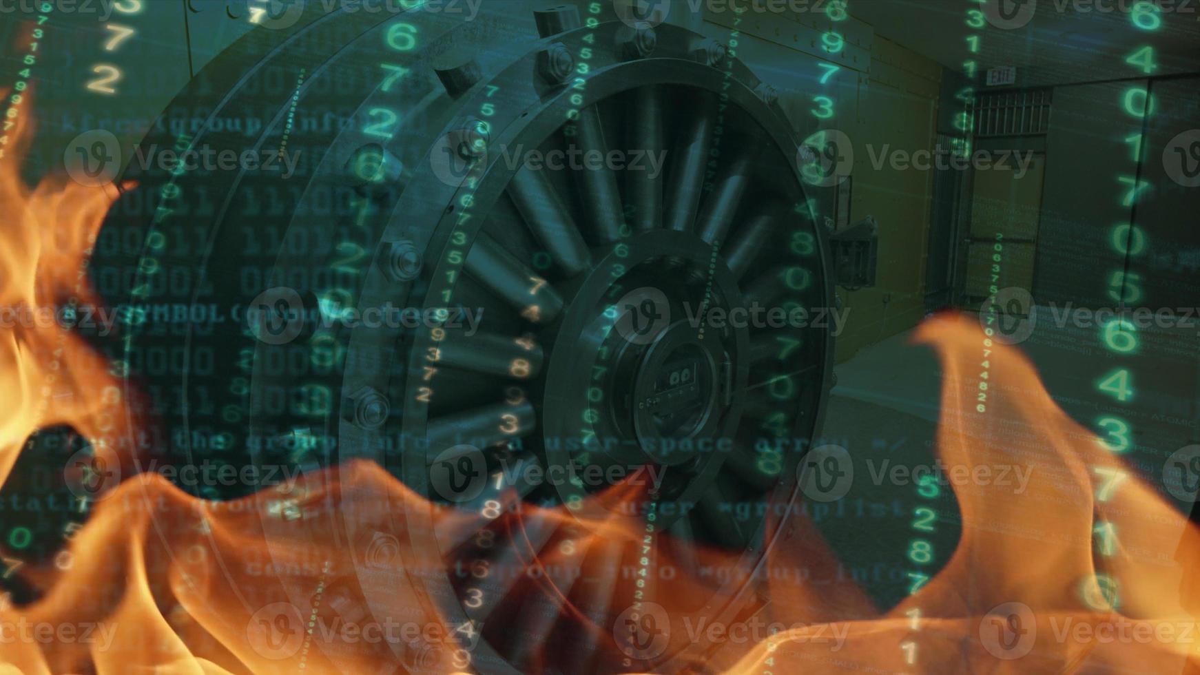 Bank Vault being burned, a concept of financial crisis and diminishing return from investments or a concept of digital hacking of financial system photo
