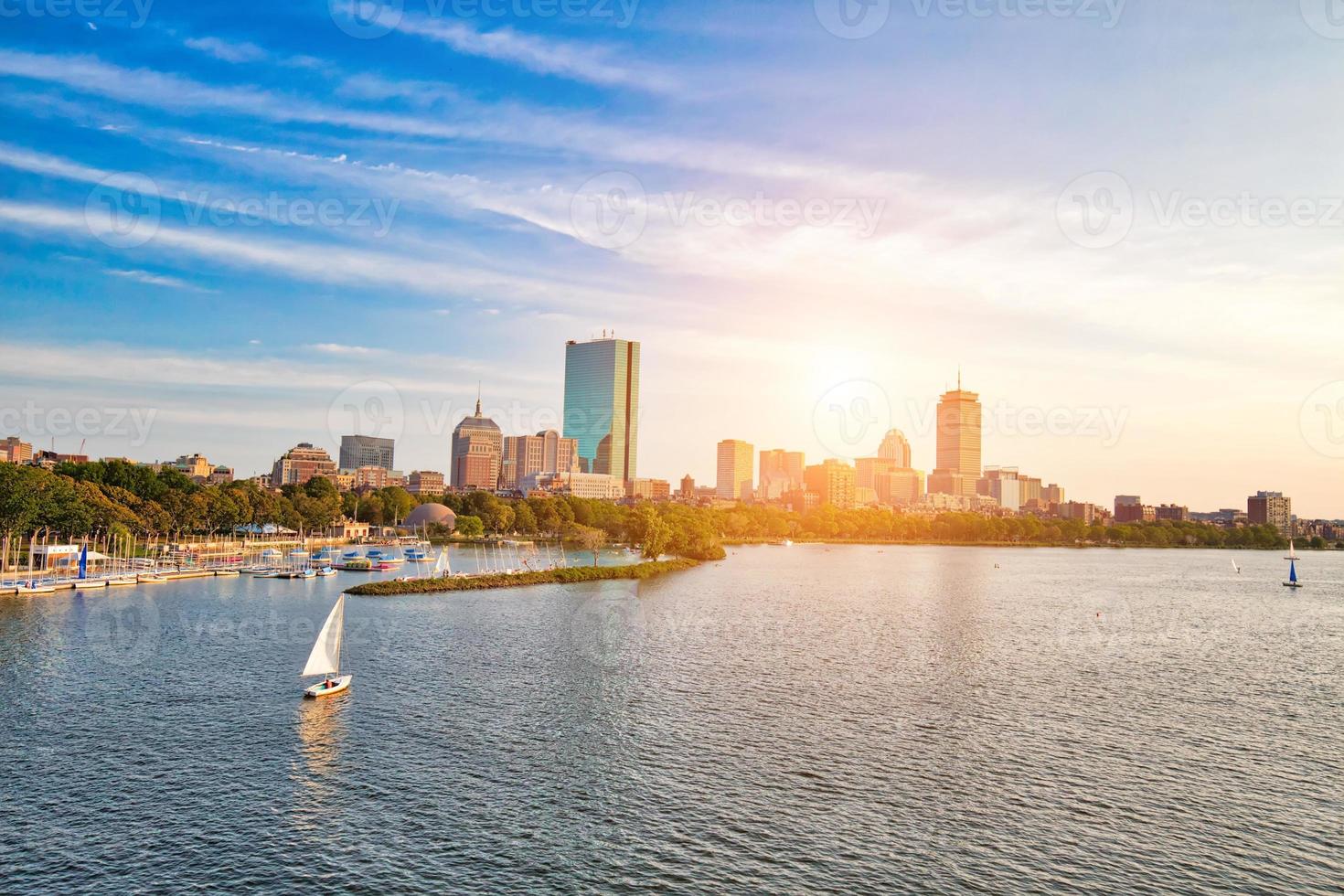 Panoramic view of Boston downtown and historic center from the landmark Longfellow bridge over Charles River photo