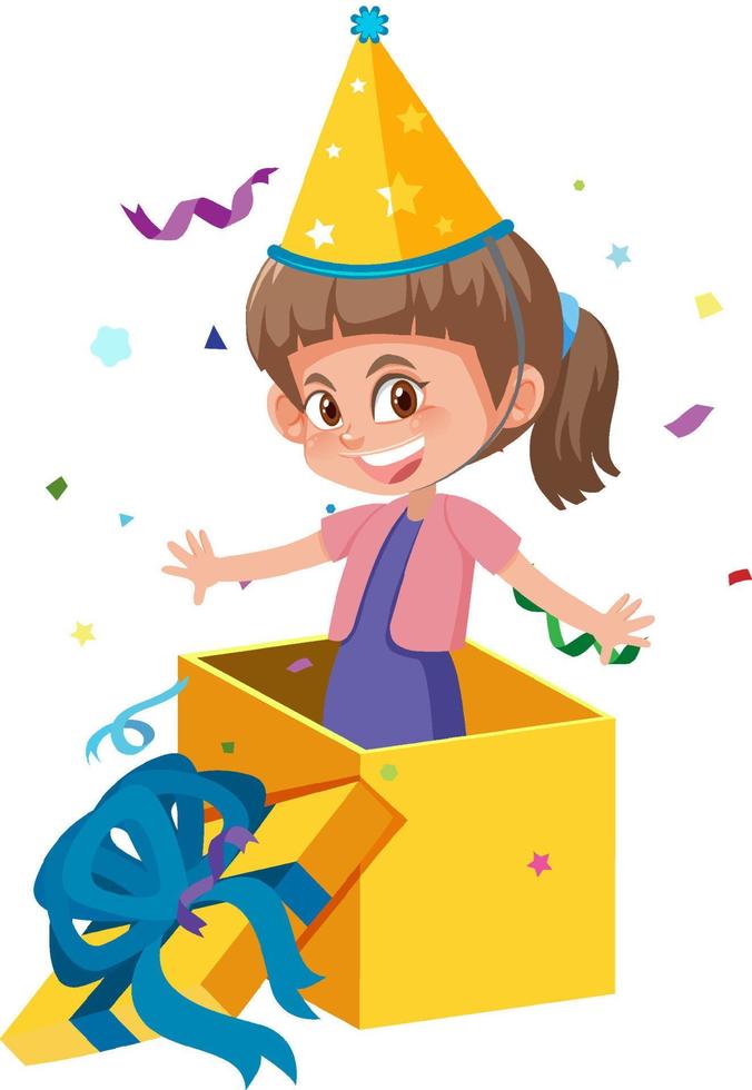 A little girl in the present box on white background vector