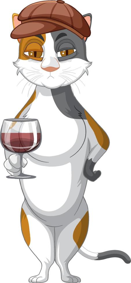 un gato de pie y bebiendo vino sobre fondo blanco vector