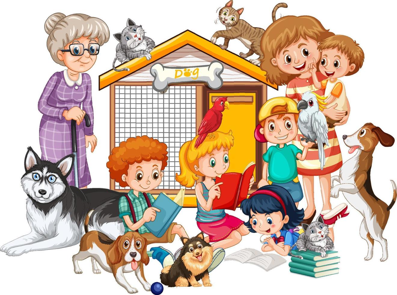 Family with their dogs in cartoon style vector
