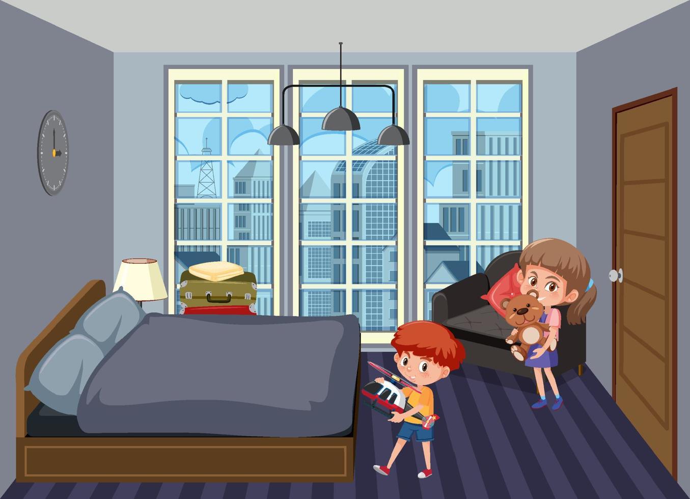 Bedroom scene with children cartoon character vector