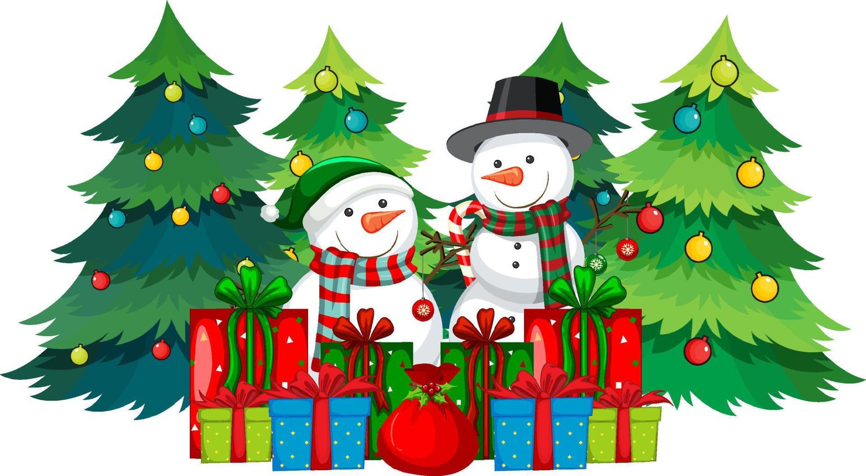 muñeco de nieve de navidad con muchas cajas de regalo y árbol decorado vector
