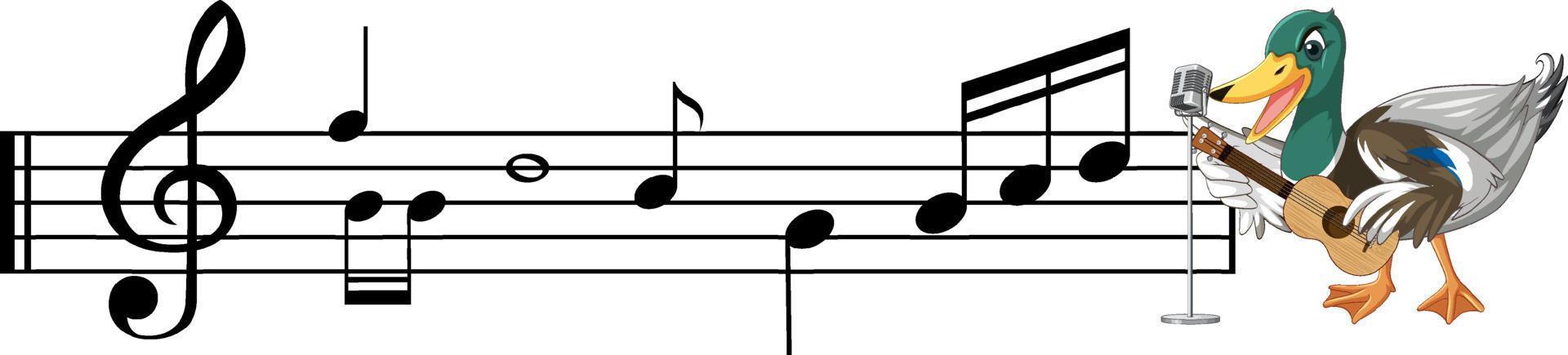 el pato toca la guitarra, el ukelele con nota musical vector