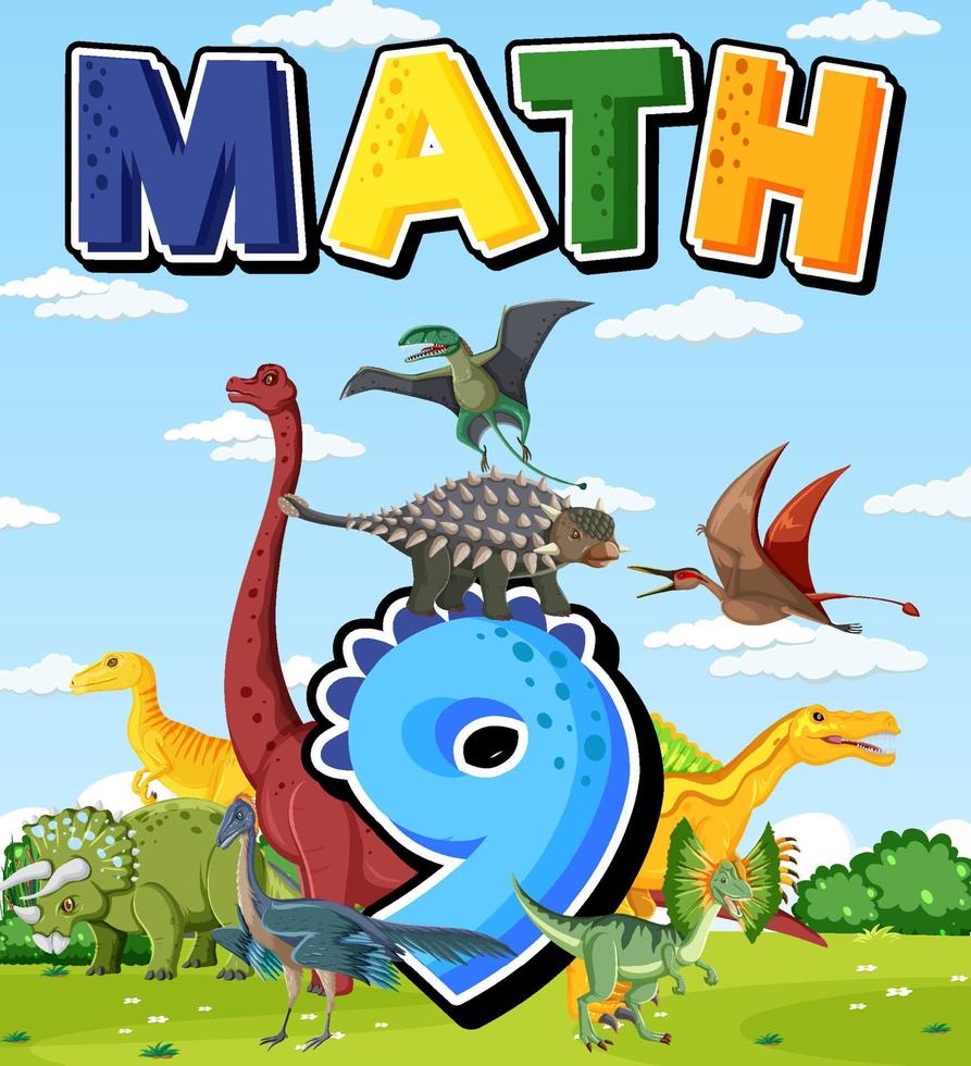 Nine dinosaurs with number nine cartoon vector