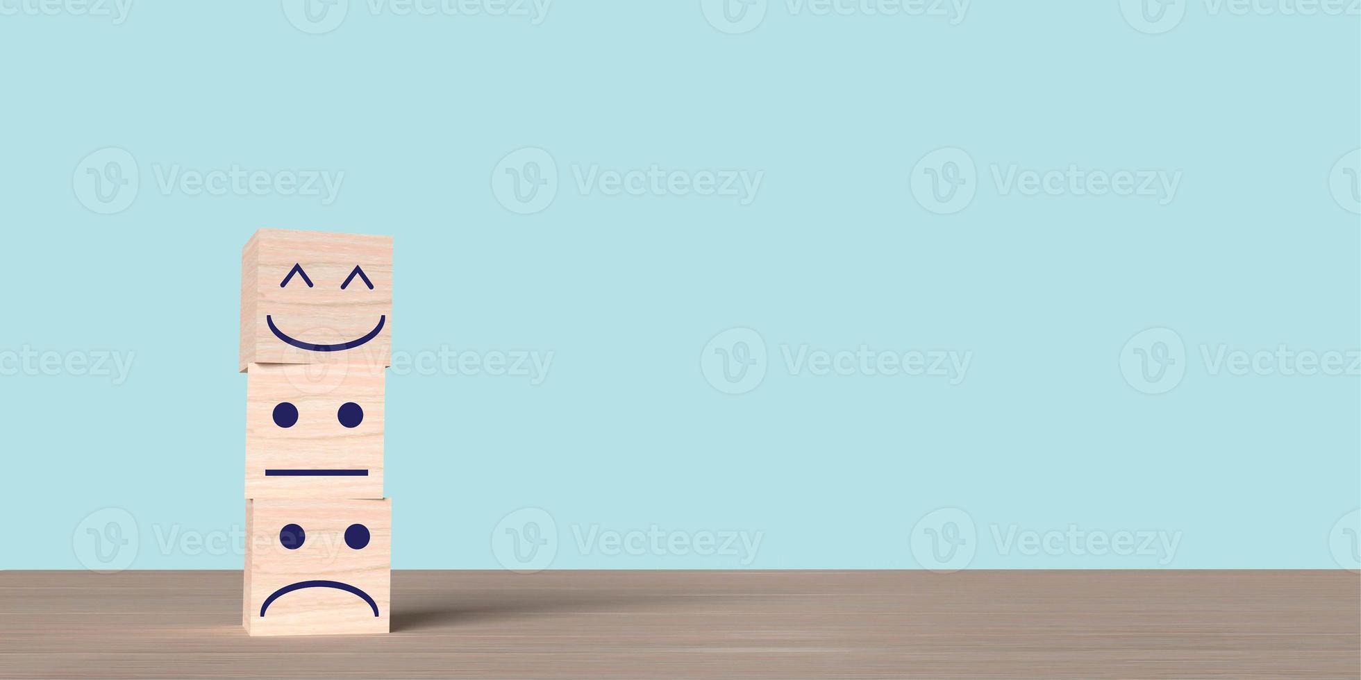 Cube block wooden face good lucky happy smile positive funny and angry sad serious emotion symbol business hr human resource strategy vision opportunity service risk chance successful.3d render photo