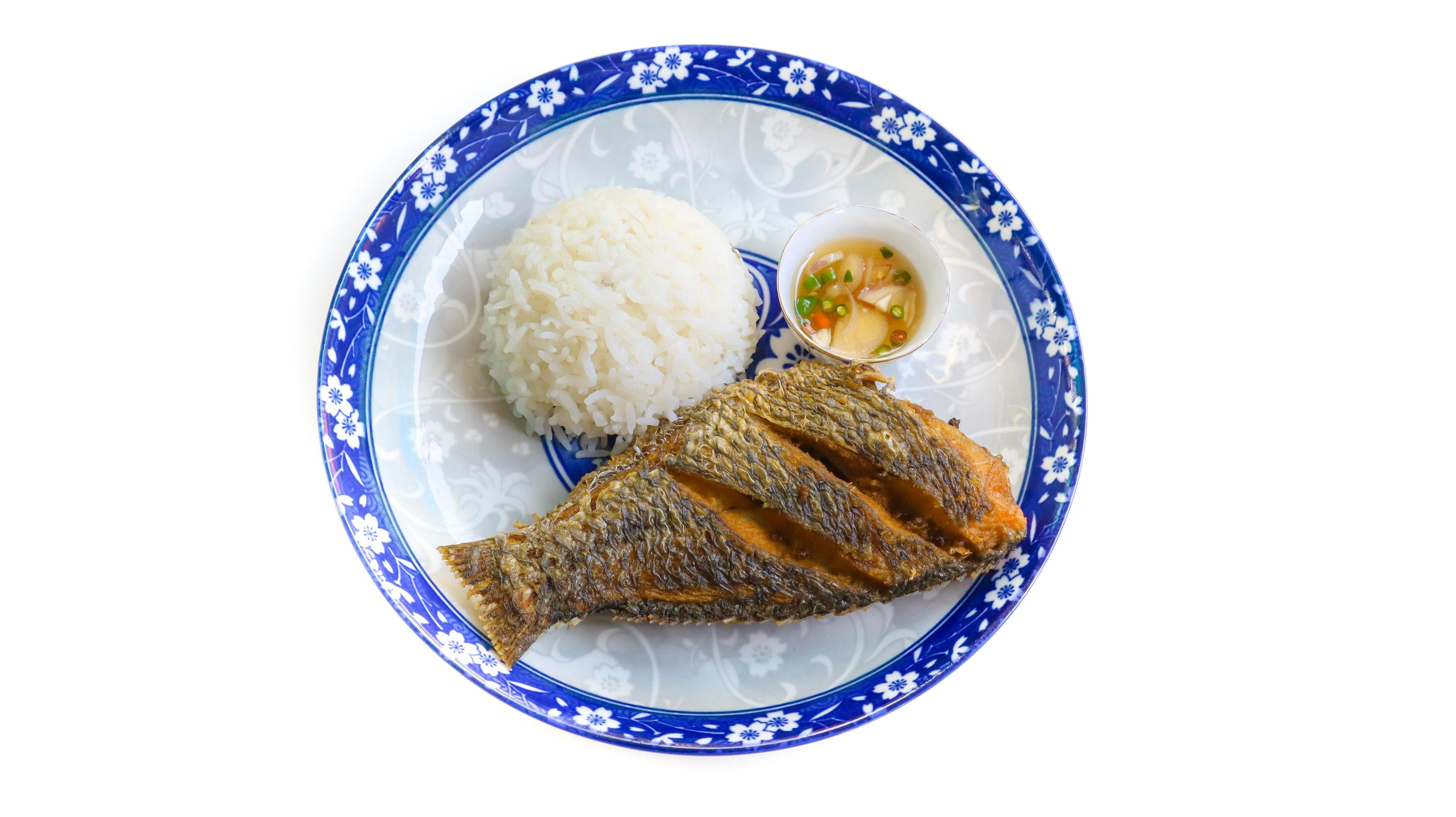 Deep fried Tilapia fish served with jasmine rice and Thai chili fish
