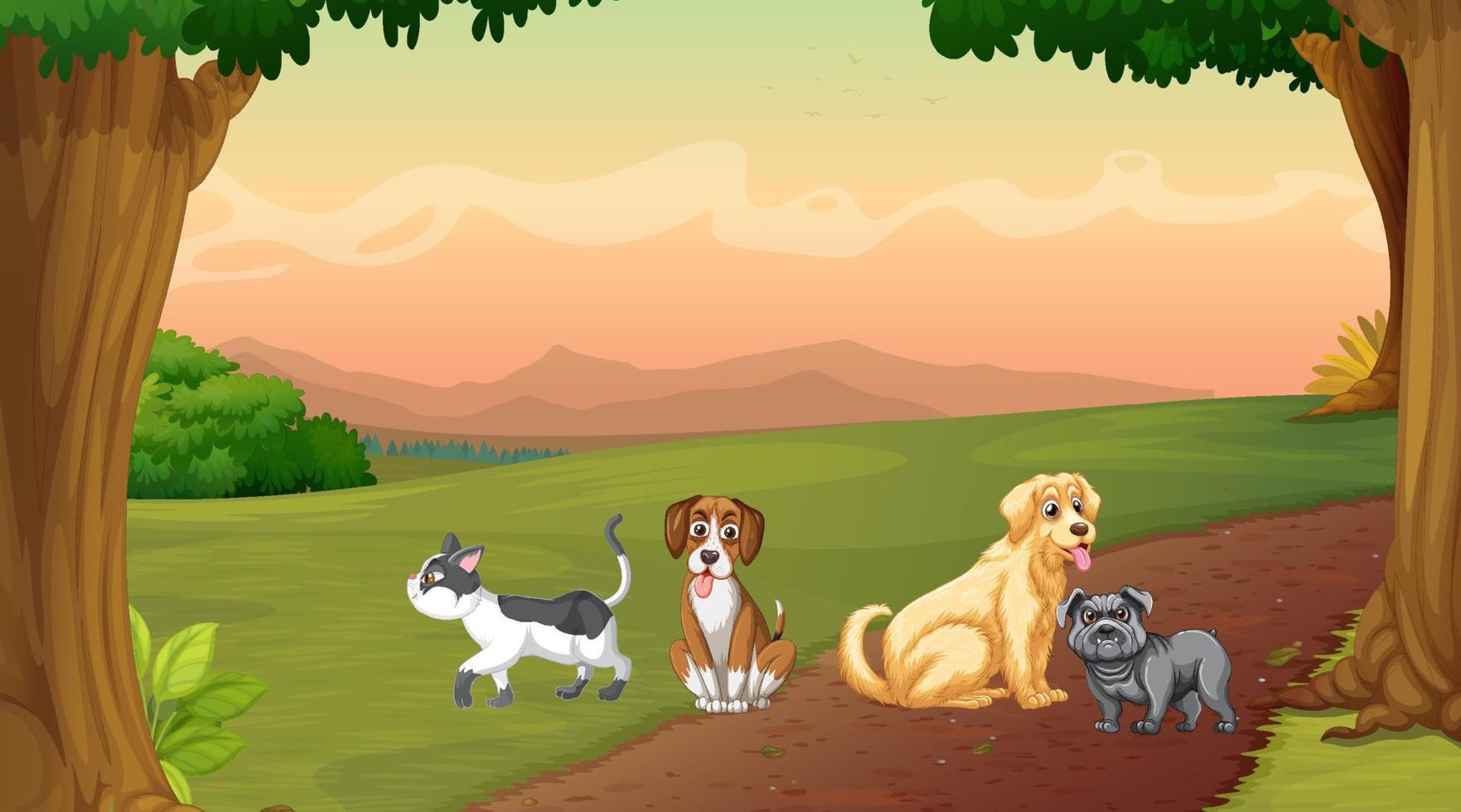 Set of different domestic animals in forest vector
