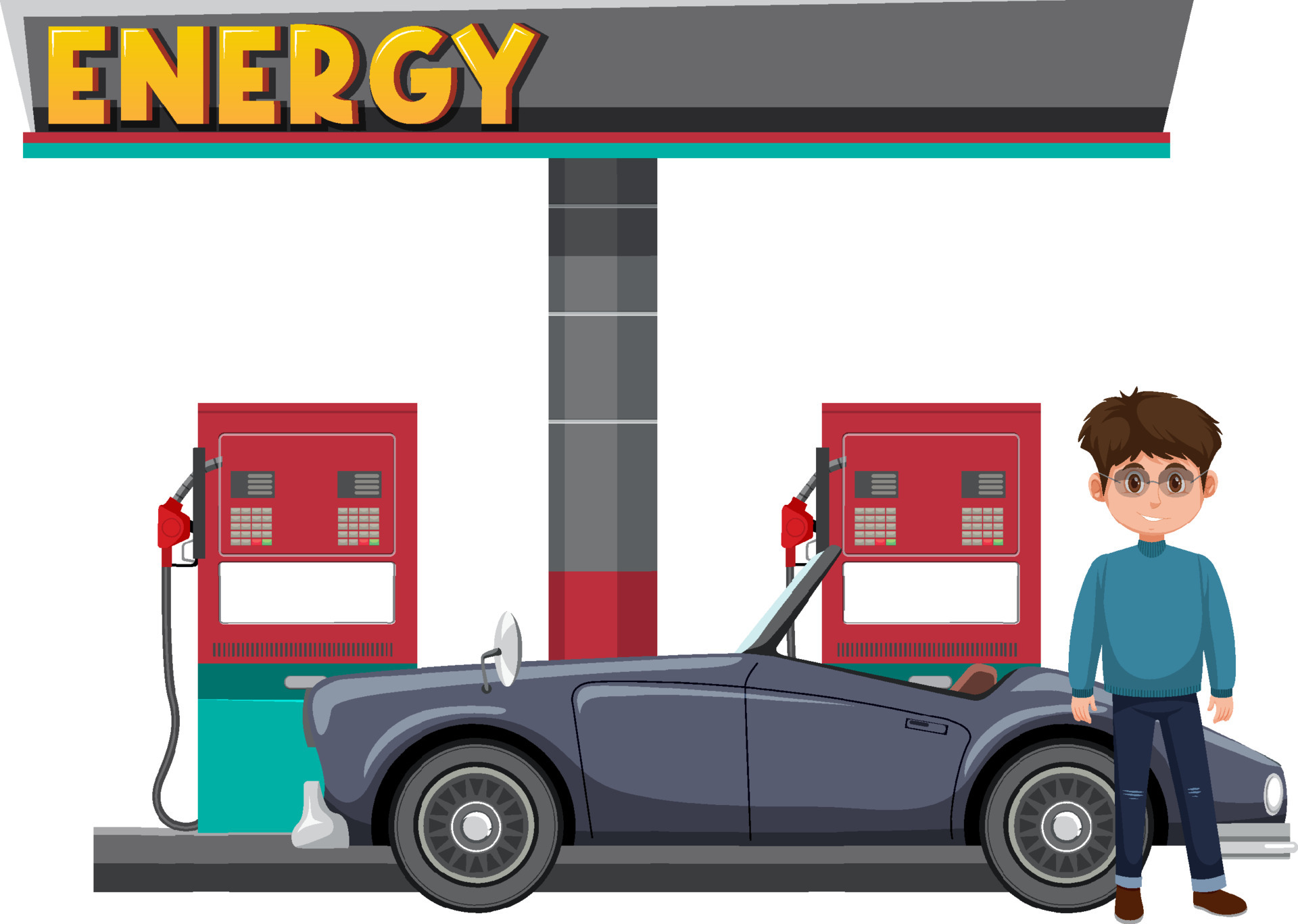 Oil pump cartoon with a car 6928285 Vector Art at Vecteezy