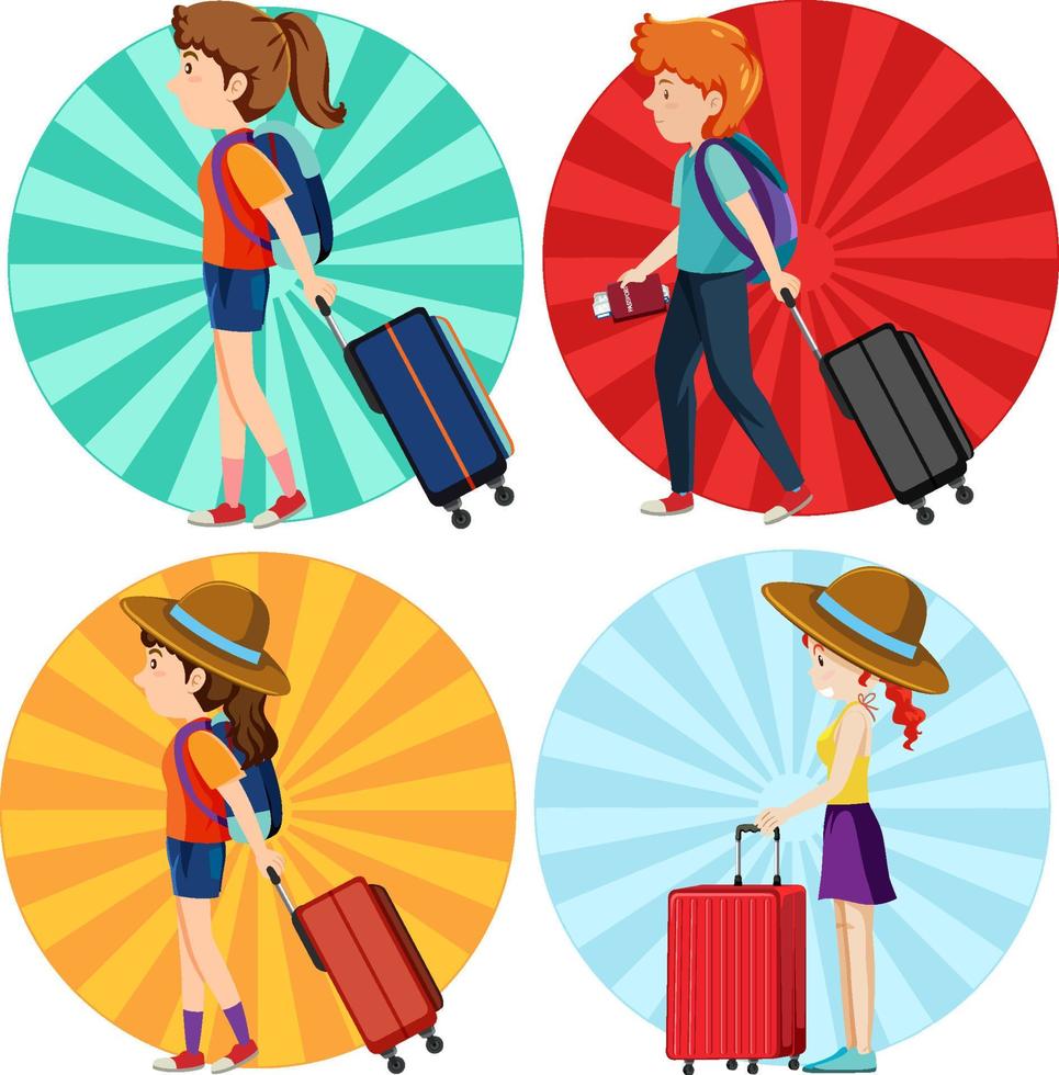 Set of girls and boy with backpack walking vector