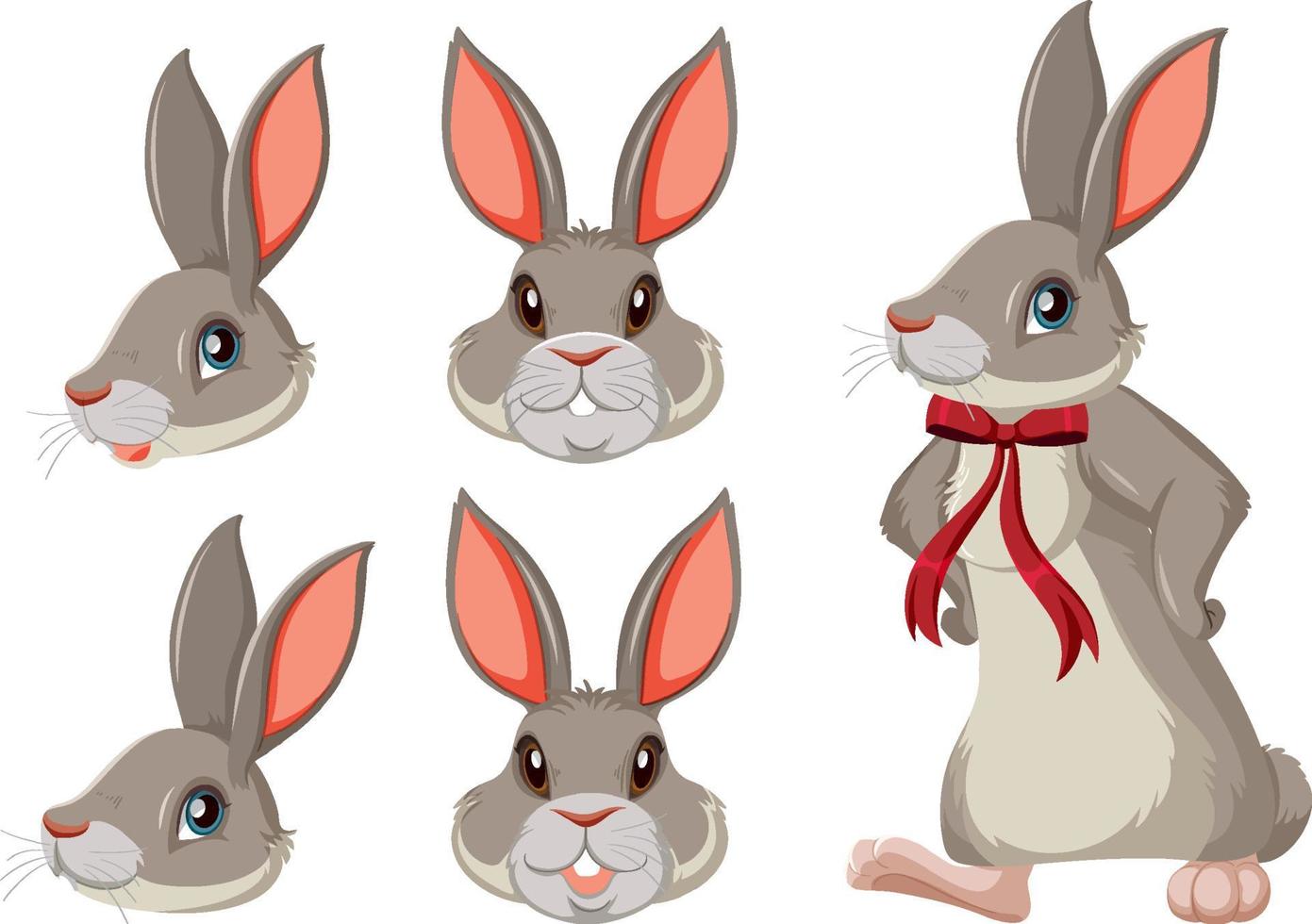 Set of gray bunny with red ribbon vector