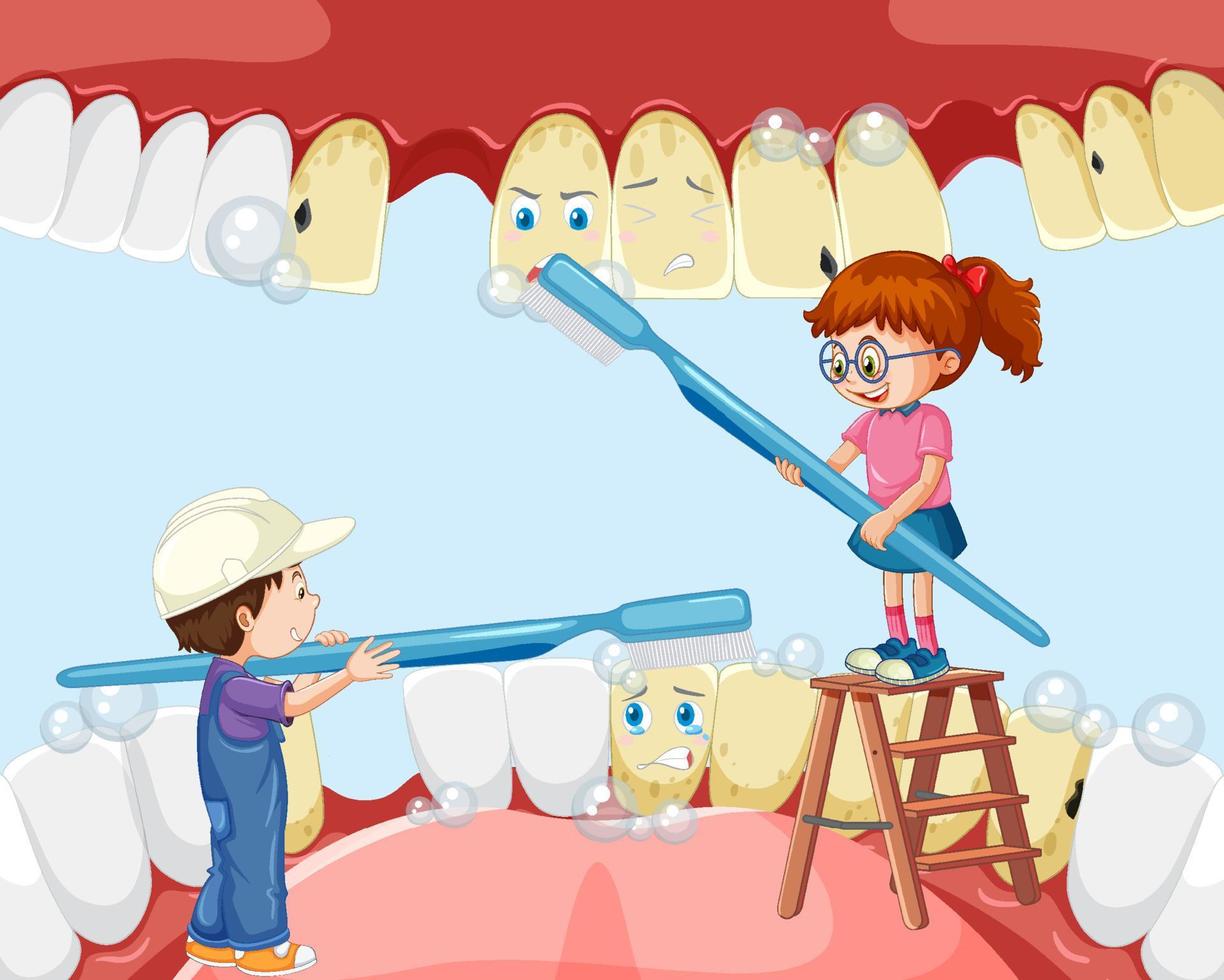 Happy kids brushing teeth decay with a toothbrush inside human mouth vector