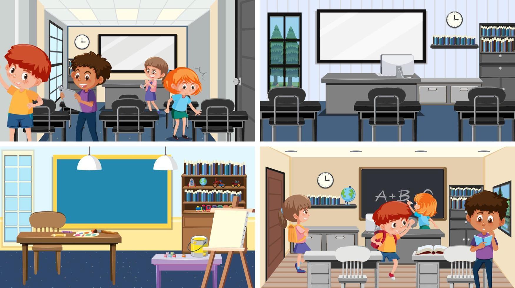 Set of student in the classroom scene vector