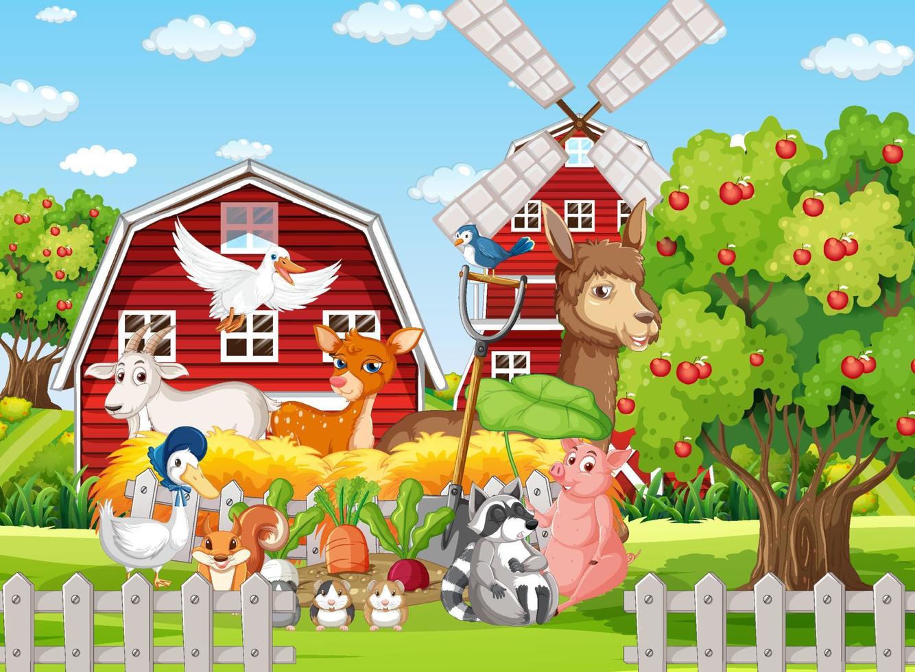 Farm scene with animals by the barn vector