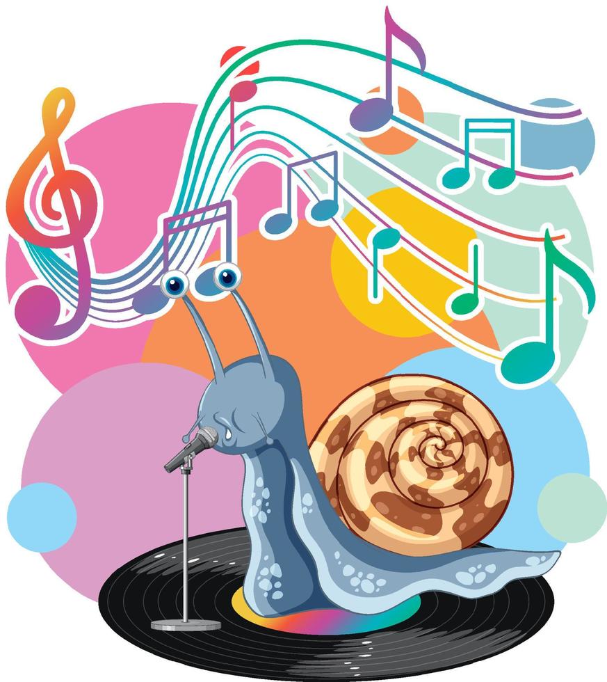 Caracol cantante con dibujos animados de símbolos de melodía musical vector