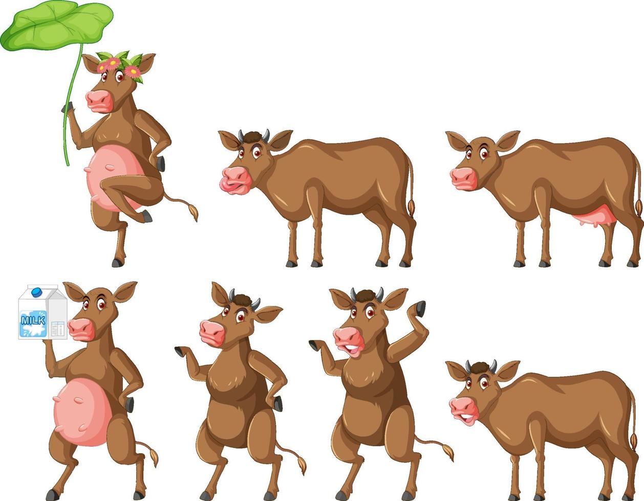 conjunto de diferentes vacas lecheras en estilo de dibujos animados vector