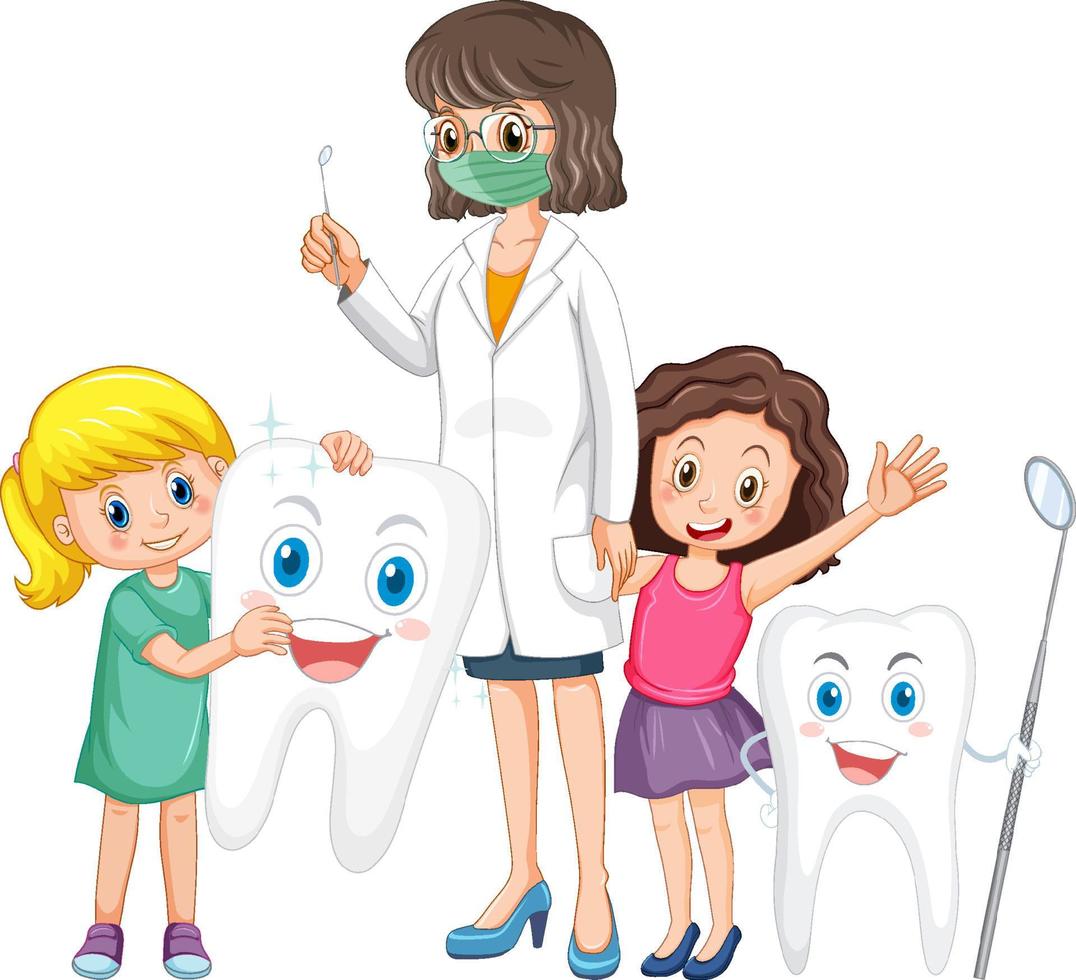 niños felices sosteniendo un diente grande y un dentista de fondo blanco vector