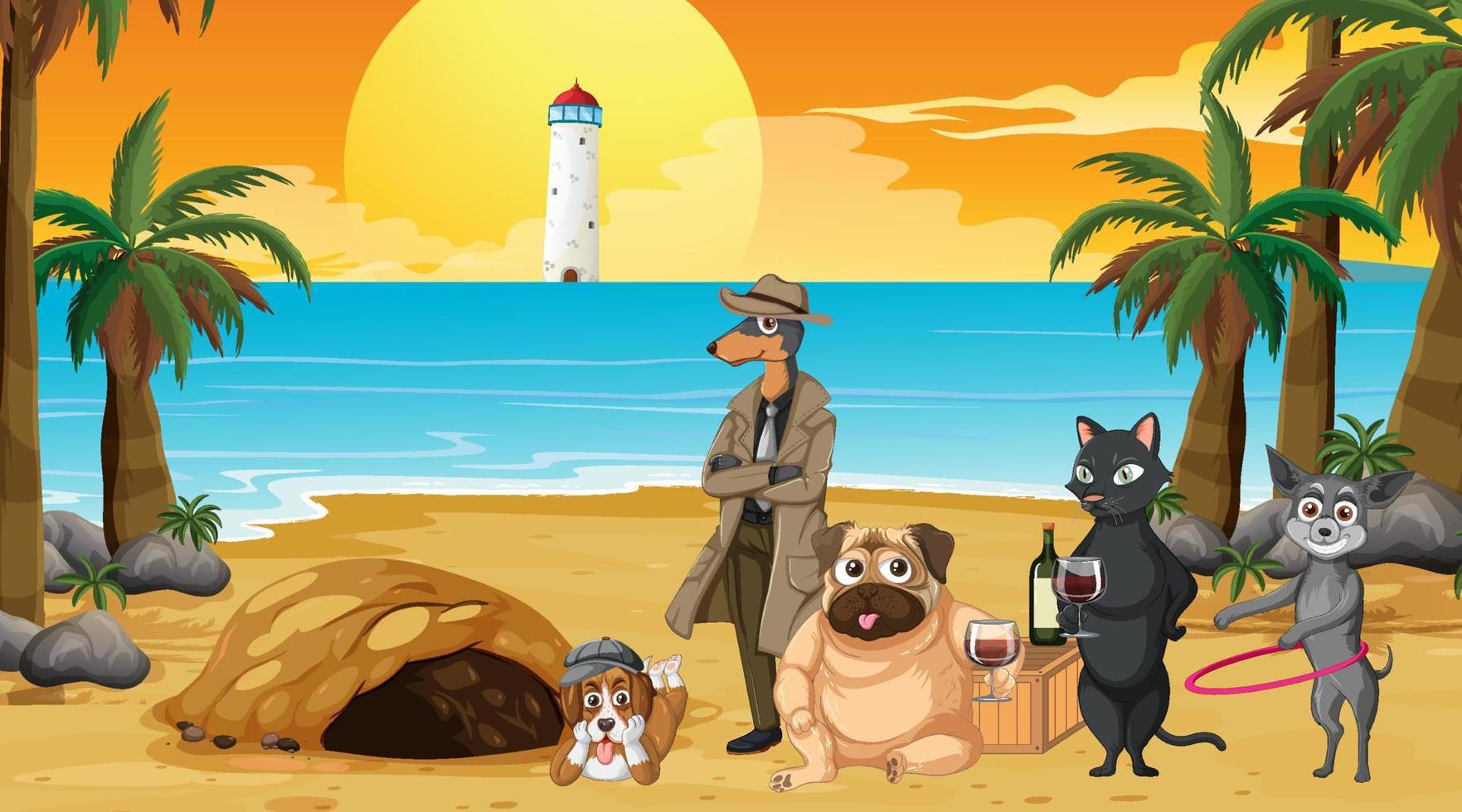 Set of different domestic animals on the beach scene vector