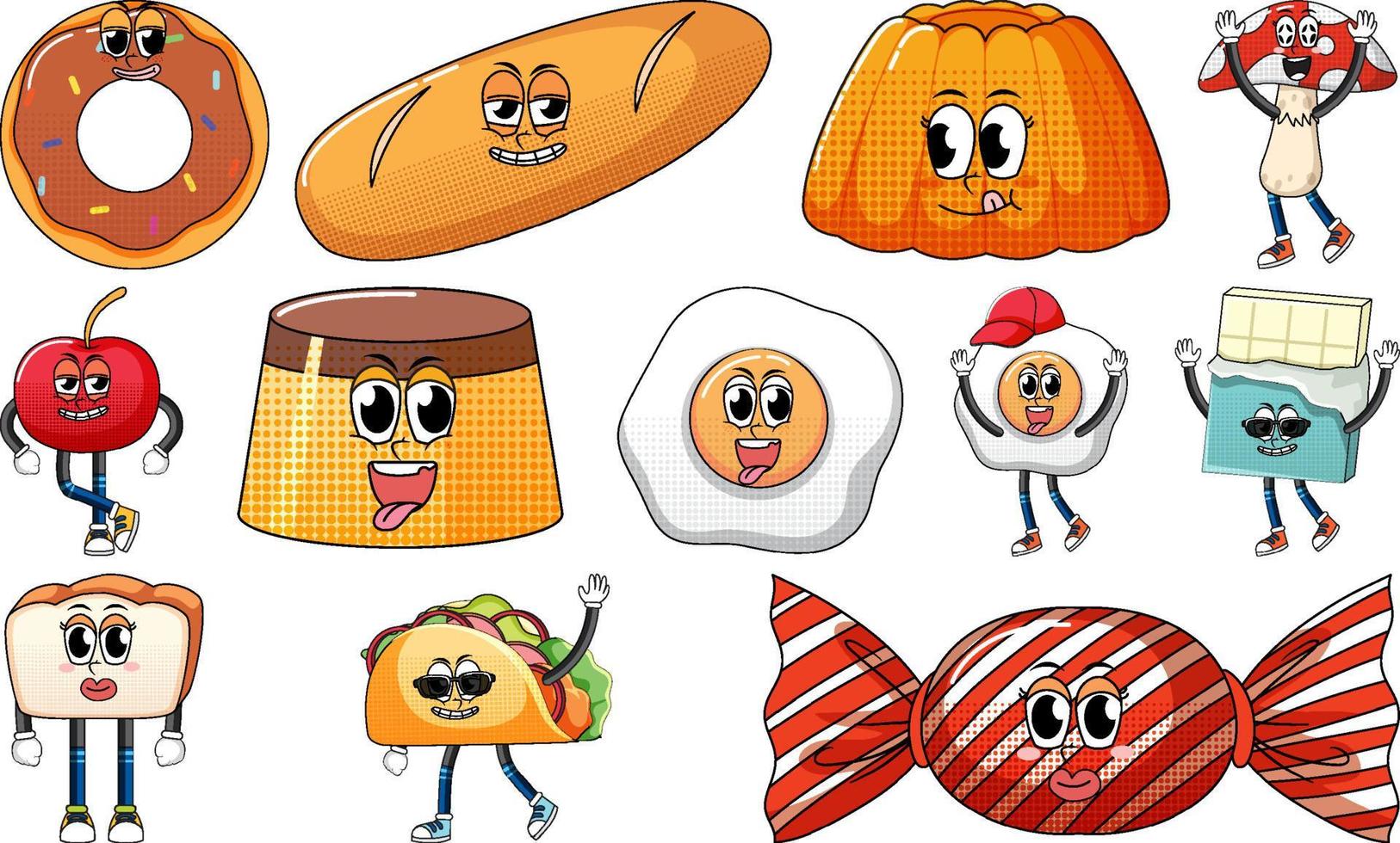 conjunto de expresiones faciales con dibujos animados de comida de estilo vintage sobre fondo blanco vector