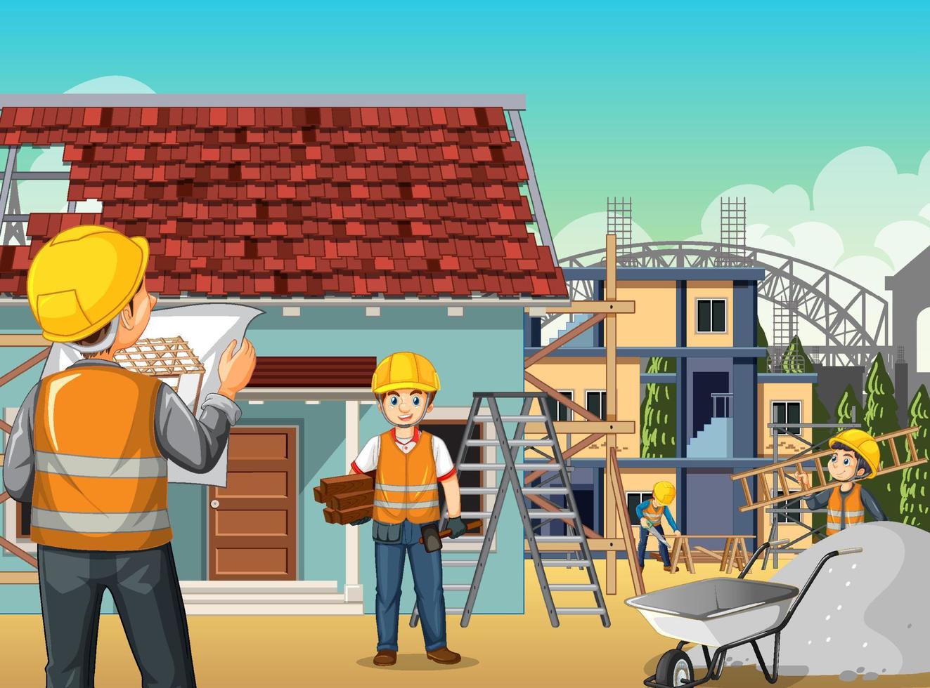 Building construction site with workers vector