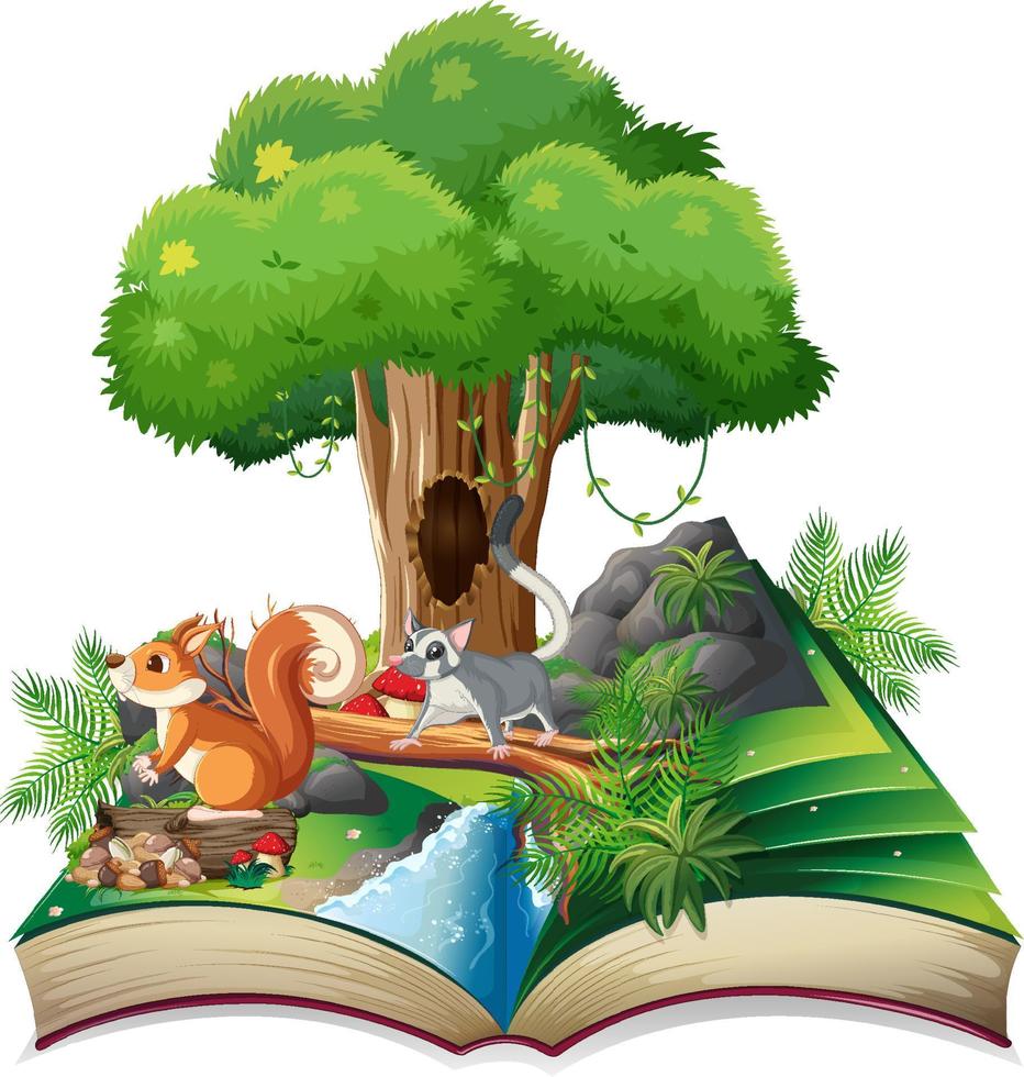 Opened fantasy book with cute animals vector