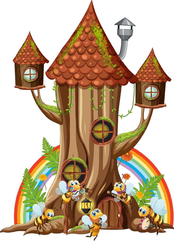 Happy insect cartoon at fairy tree house vector