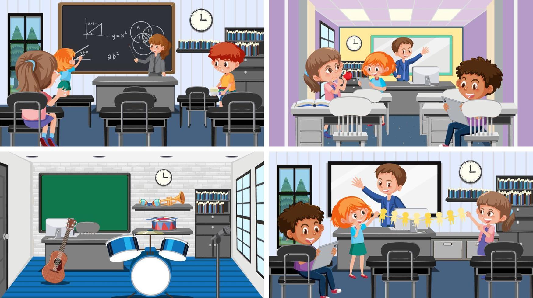 Set of student in the classroom scene vector