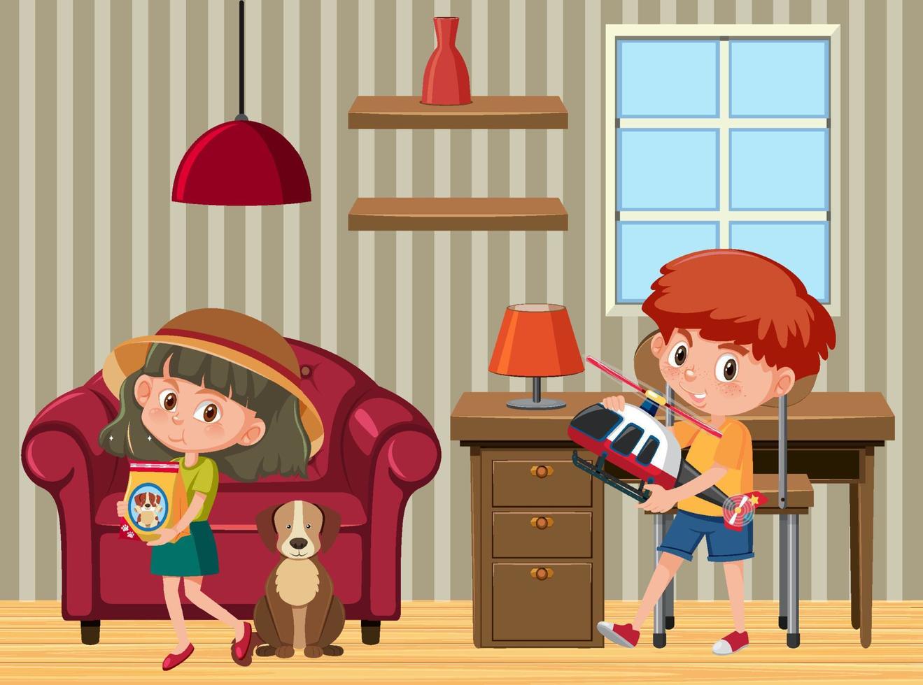 escena de la habitación con personaje de dibujos animados de niños vector