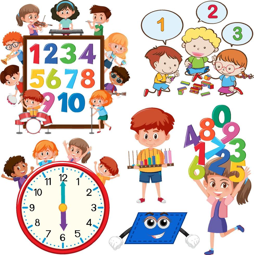 Math classroom objects with supplies and students vector