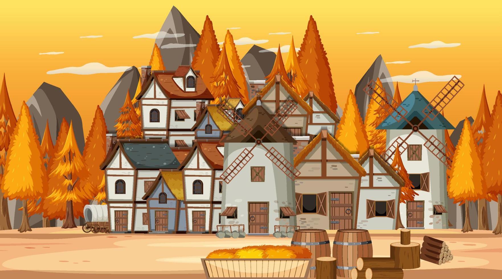 Medieval town scene with sunset vector