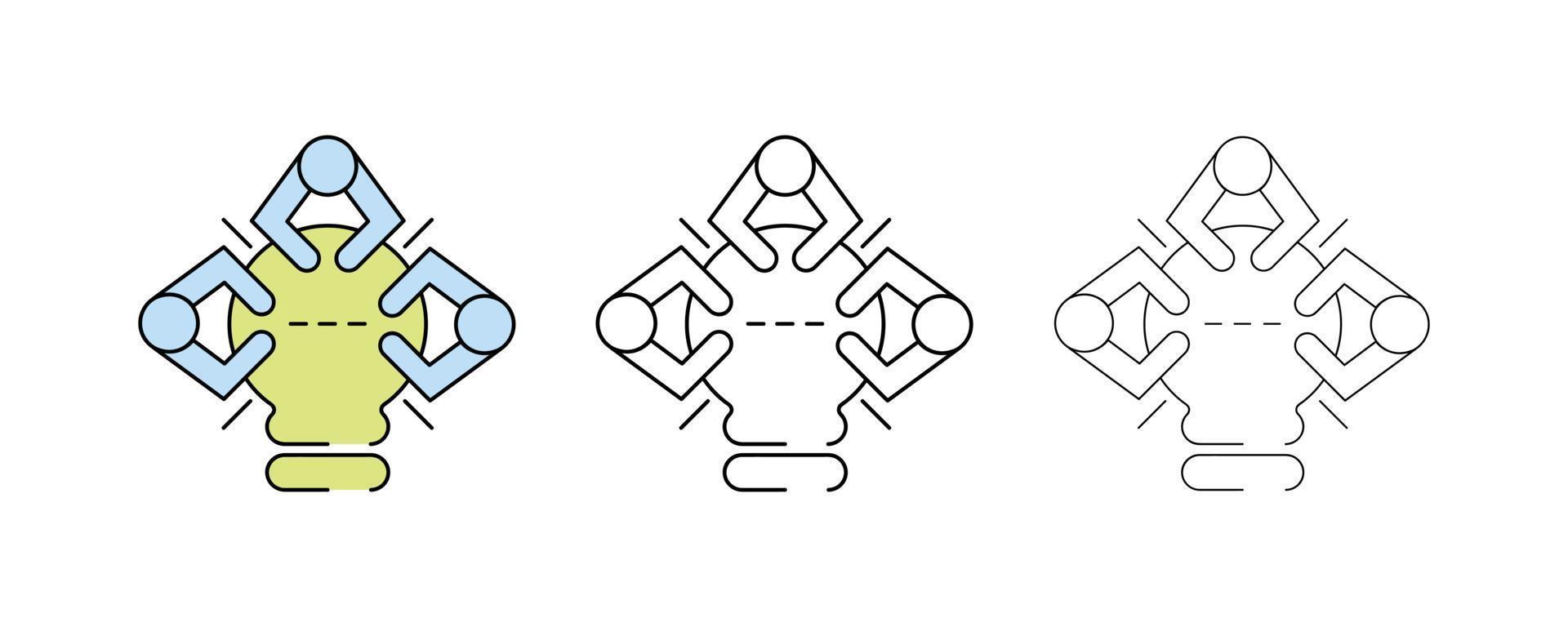 Teamwork Related Vector Icons. Different thickness and colored light bulb icon. Bulb table style, people meet around the table for new ideas. Website and logo design. Modern line art icon set.