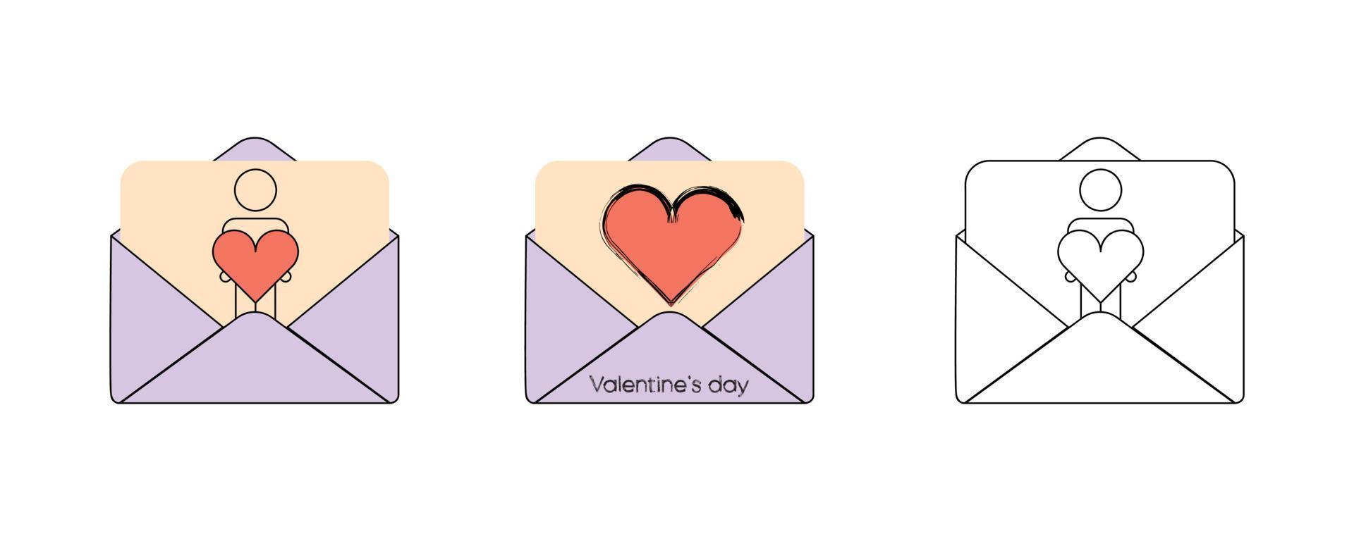 Heart symbols in envelope. Valentine's day thin line icon set. February 14 Valentine's Day. White simple February 14 black and color symbol. Web design, logo design, poster poster. Vector illustration
