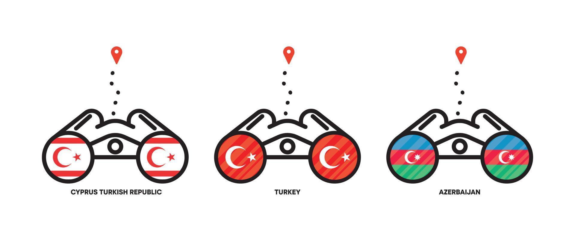 Country flags location icons. Viewing country locations with binoculars, location icons for travel. Flags of Cyprus Turkish Republic, Turkey, Azerbaijan. Editable stroke. vector