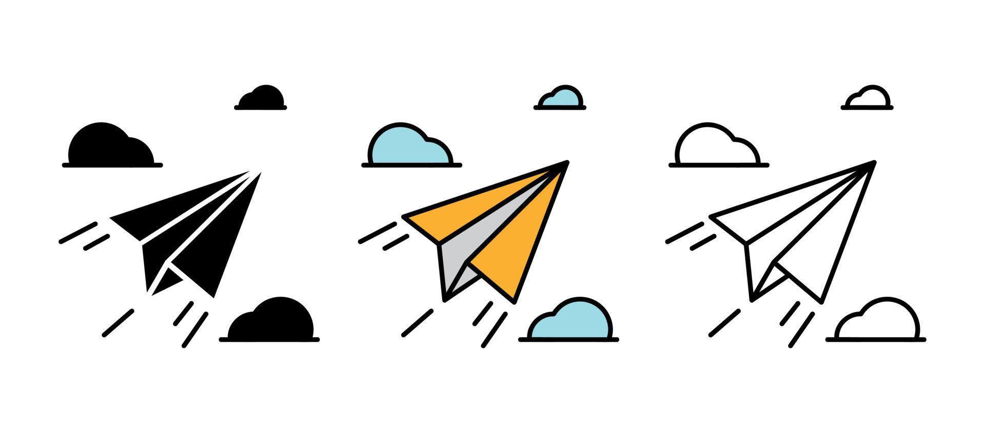 Cardboard airplane icon set. Set of drawings of cardboard airplane taking off among the clouds. Airplane related icon set. Silhouette, colorful and linear set. vector