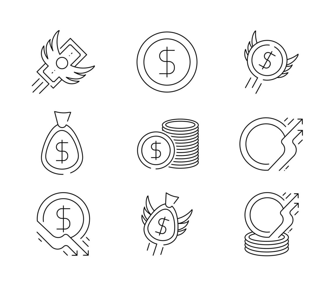 Conjunto de iconos de 9 monedas. dinero, dólares, alas de dinero, finanzas, colección de iconos de contorno bancario. los iconos de la línea de dinero establecen la ilustración vectorial. bolsa de dinero, moneda, tarjeta de crédito, billetera y más. arte lineal moderno. vector