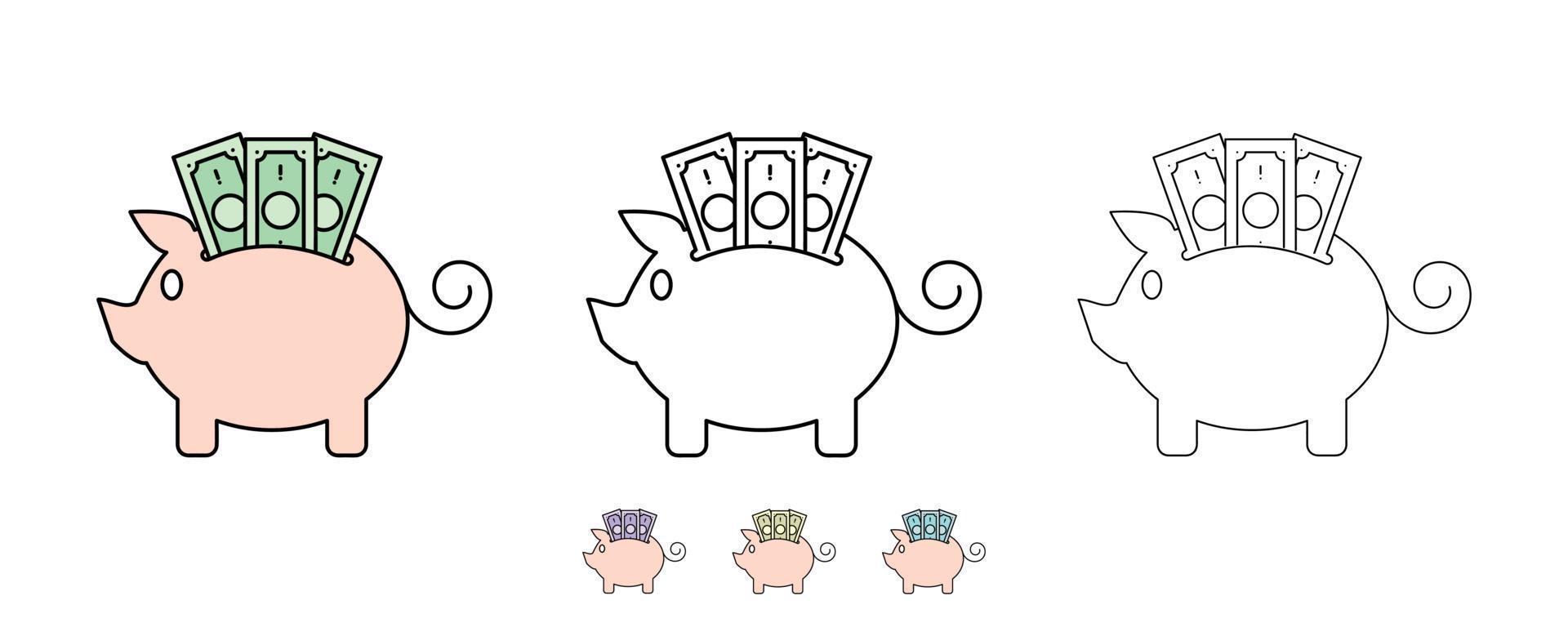 Icons of transferring paper money to piggy bank. Paper money and Pig piggy bank icon. Alternatively, different colors have been added. Symbols of different thickness. The fine line of modern art. vector