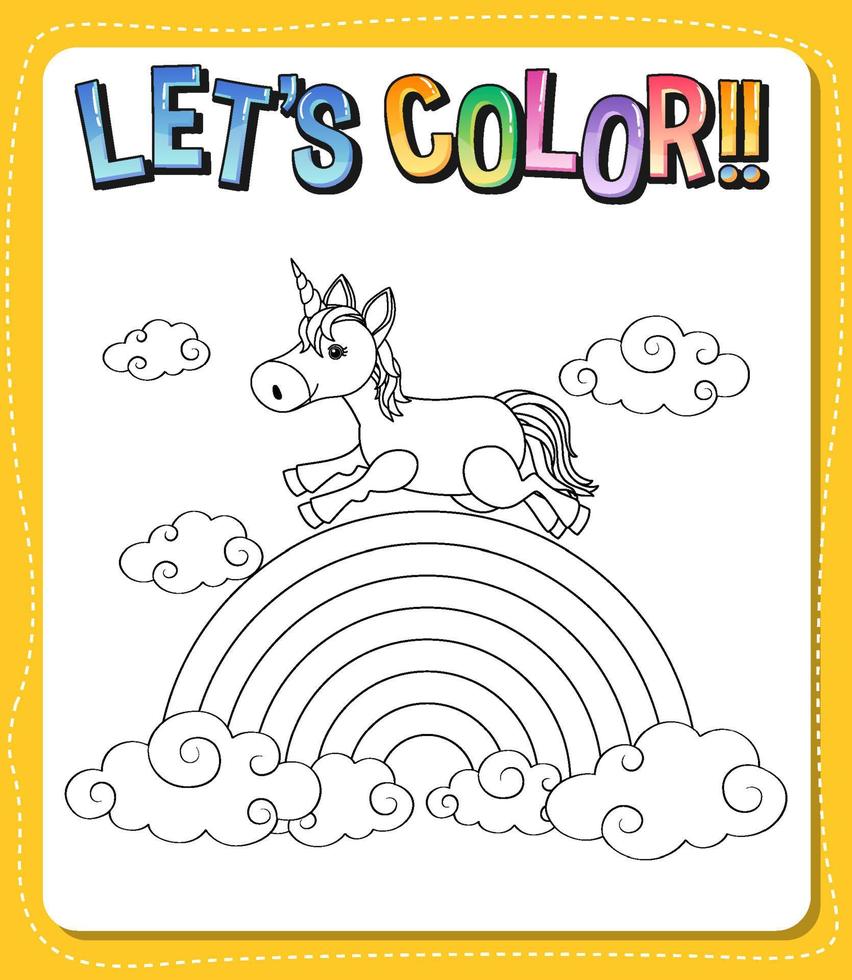 Worksheets template with color time text and Unicorn outline vector