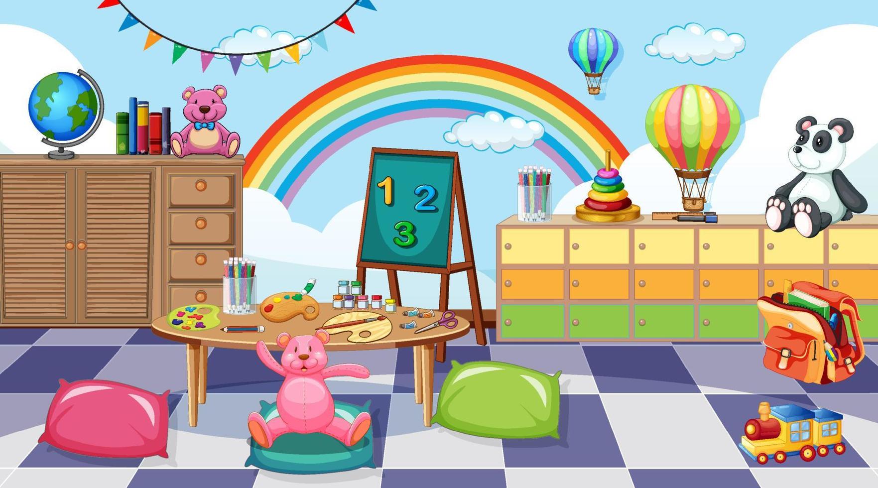 Empty kindergarten classroom interior with many kid toys vector